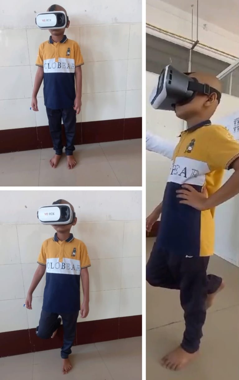 Single-leg balance practice, with and without a VR headset.