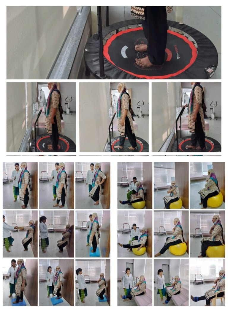 Balance work on a mini trampoline, balance board and exercise ball.